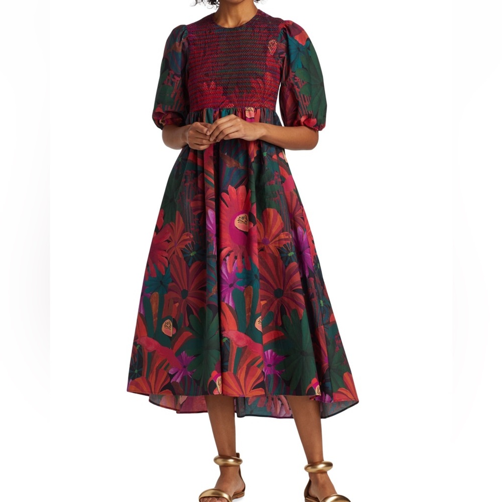 NWT - Farm Rio Bird Flowers Smocked Midi Dress